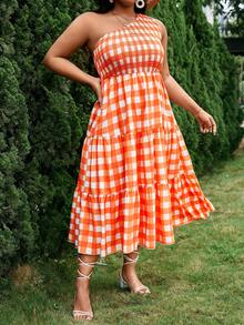 SHEIN SunnyBelle Plus Gingham Print One Shoulder Ruffle Hem Dress - Multicolor - View 5