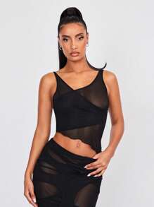 SHEIN BAE Áo nữ Bất đối xứng Xù nhỏ cắt màu trơn Gợi cảm - màu đen - Xem 4