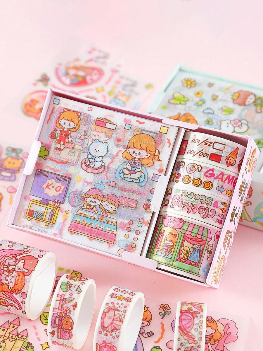 8pcs Cartoon Graphic Washi Tape & Assorted Sticker Set, Cute Multi-purpose Masking Tape & Sticker Set For DIY Craft, Hand Account, Decoration - Multicolor - View 1