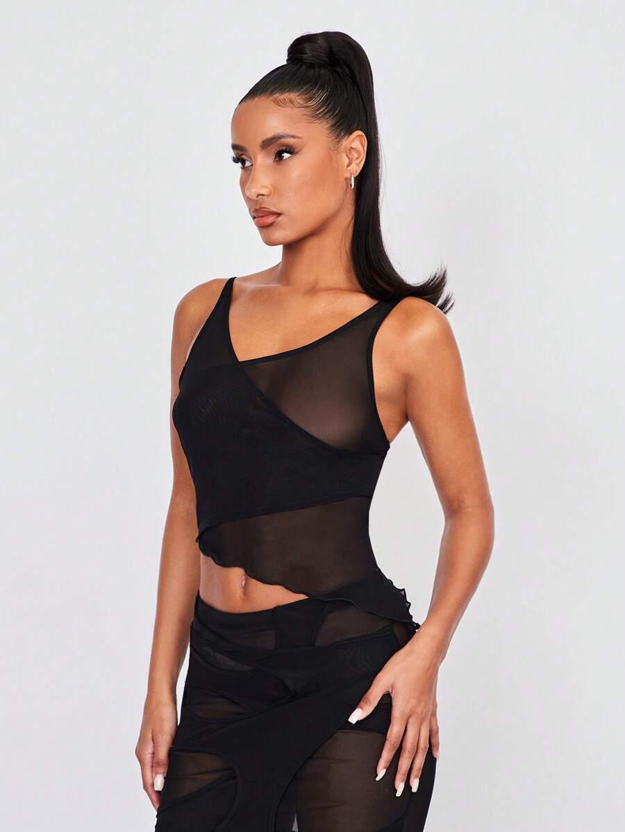 SHEIN BAE Áo nữ Bất đối xứng Xù nhỏ cắt màu trơn Gợi cảm - màu đen - Xem 1