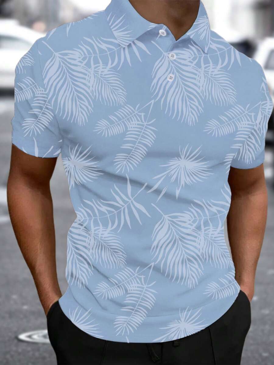 Manfinity RSRT 男士熱帶印花POLO衫，鈕扣領圖案POLO衫，適合外出休閒穿著，夫婦裝 - 淺藍色 - 查看 1