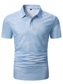 Manfinity RSRT 男士熱帶印花POLO衫，鈕扣領圖案POLO衫，適合外出休閒穿著，夫婦裝 - 淺藍色 - 查看 3