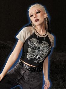 ROMWE Grunge Punk Graphic Print Raglan Sleeve Tee - Multicolor - View 1