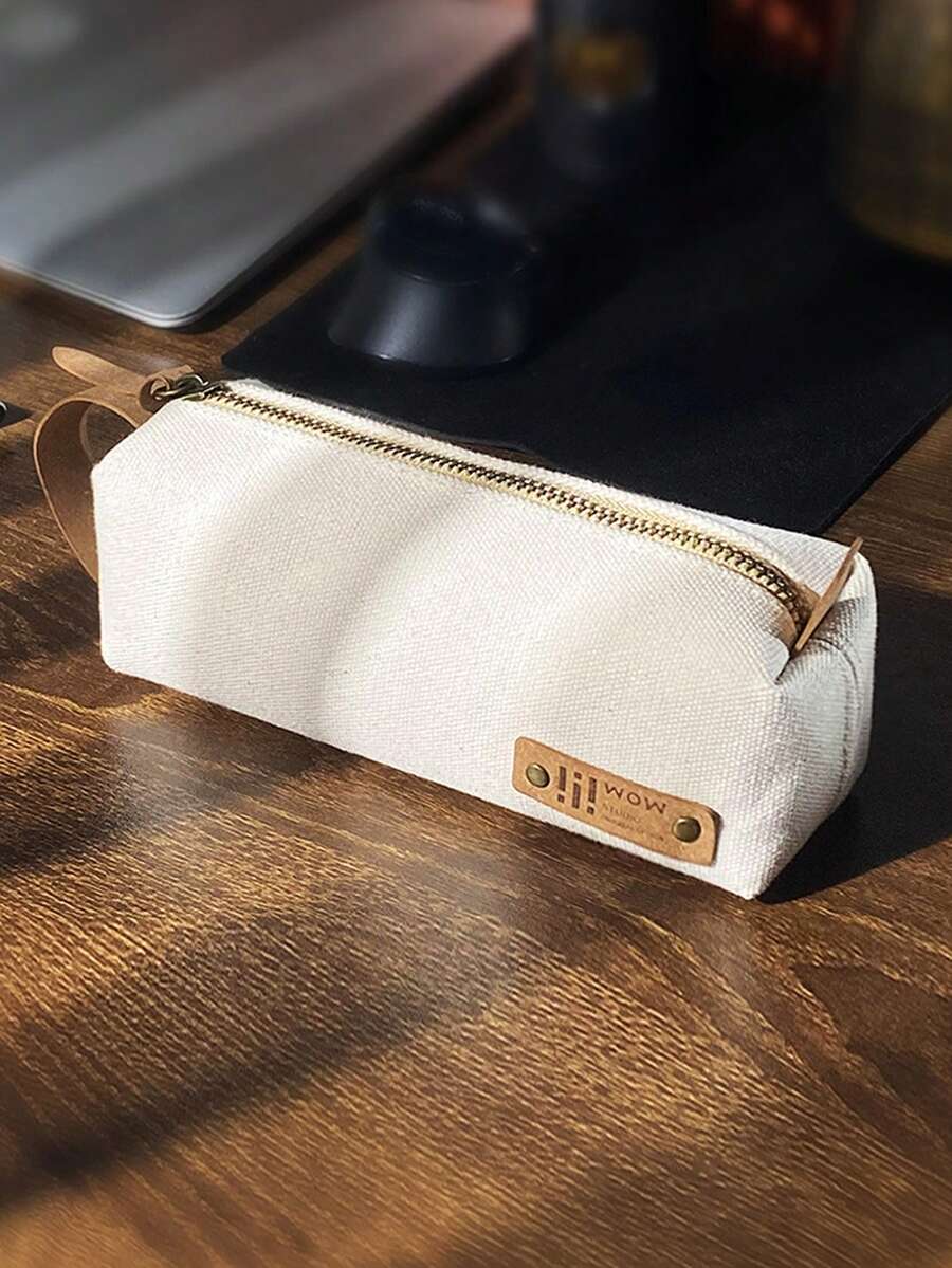 1入組素色貼布裝飾文具簡約風便攜筆包適用於學生文具收納 - 白色 - 查看 1