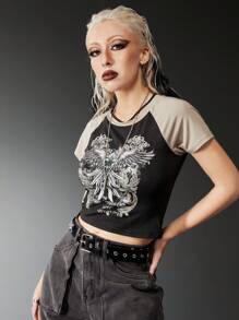 ROMWE Grunge Punk Graphic Print Raglan Sleeve Tee - Multicolor - View 4