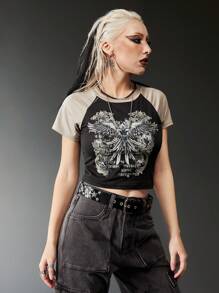 ROMWE Grunge Punk Graphic Print Raglan Sleeve Tee - Multicolor - View 5