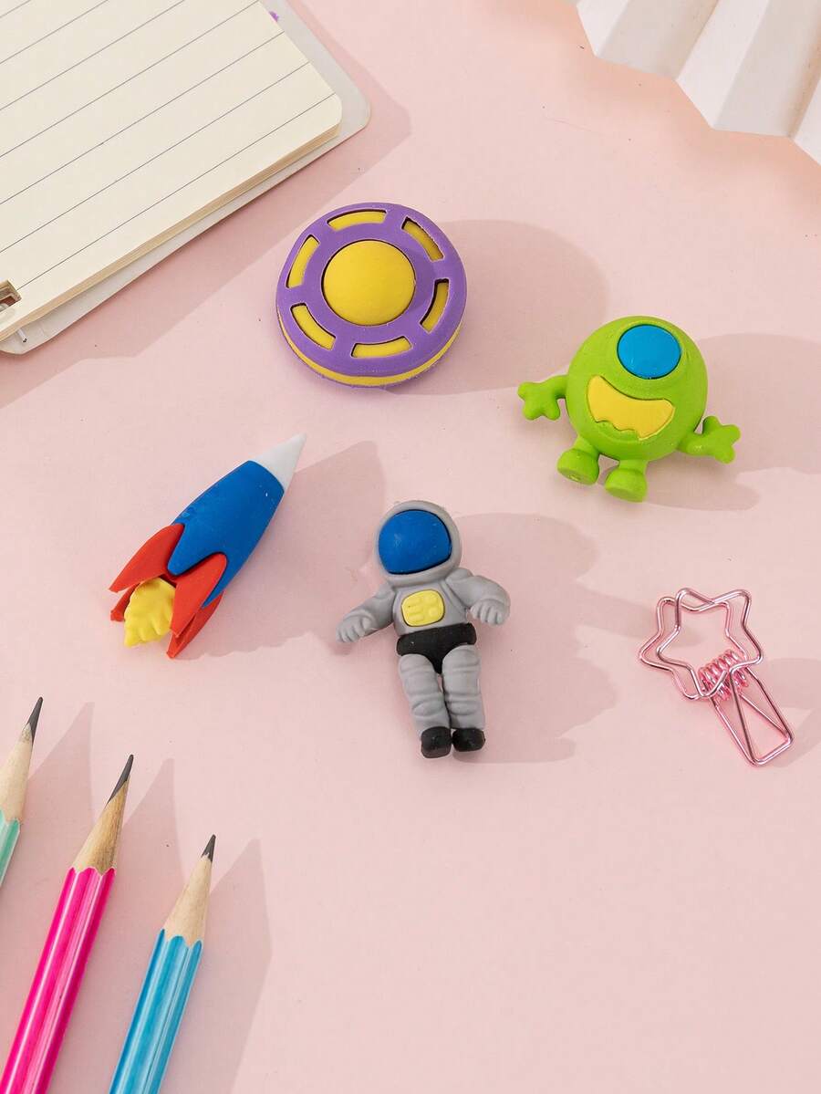 4 piezas Borrador de lápiz astronauta cohete diseño creativo portátil multipropósito para alumno - Multicolor - Ver 1