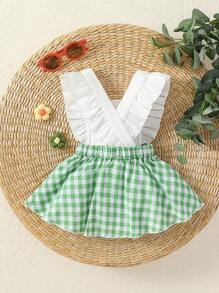 Bebé Vestido overol aguacate & con estampado de guingán ribete con fruncido con lazo delantero - Multicolor - Ver 2