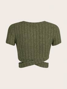 SHEIN EZwear 十字交叉素色短款T恤 - 軍綠色 - 查看 2