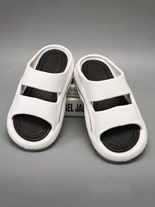 Men Two Tone Double Strap Slides, White Outdoor EVA Slides - Black and White - View 3