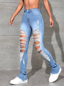 SHEIN PETITE Jeans de pierna amplia desgarro con abertura bajo crudo - Lavado ligero - Ver 1