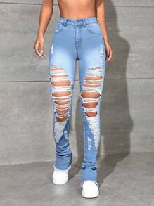 SHEIN PETITE Jeans de pierna amplia desgarro con abertura bajo crudo - Lavado ligero - Ver 4