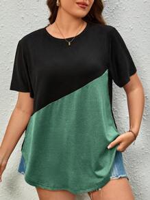 SHEIN CURVE+ Plus Size Round Neck Color Block Summer T-Shirt