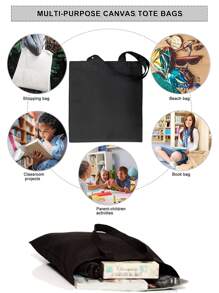 女士帆布單肩包手提包托特包休閒購物袋購物者收納 - 黑色 - 查看 5