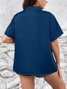 SHEIN Clasi Plus Solid Button Front Shirt - Navy Blue - View 2