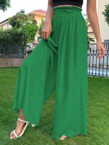 SHEIN VCAY Paperbag Waist Wide Leg Pants - Green - View 3