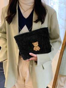 1入組時尚簡約印花燈芯絨化妝包便攜式化妝收納袋皮夾女大容量化妝包適合日常使用學生返校旅行 - 黑色 - 查看 3