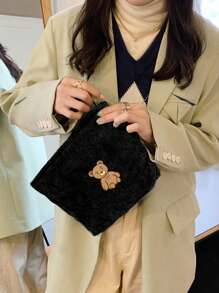 1入組時尚簡約印花燈芯絨化妝包便攜式化妝收納袋皮夾女大容量化妝包適合日常使用學生返校旅行 - 黑色 - 查看 4