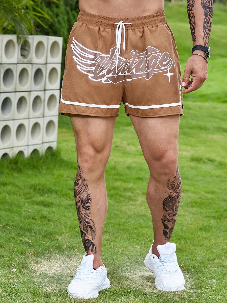 Aesthetic Post--Men Plus Letter Graphic Drawstring Waist Contrast Tape Shorts - Brown - View 1