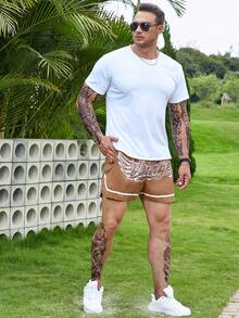 Aesthetic Post--Men Plus Letter Graphic Drawstring Waist Contrast Tape Shorts - Brown - View 7