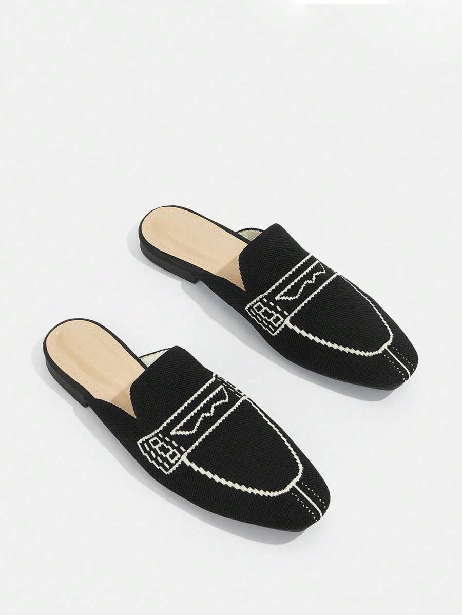 幾何圖案針織樂福穆勒鞋 - 黑與白 - 查看 1