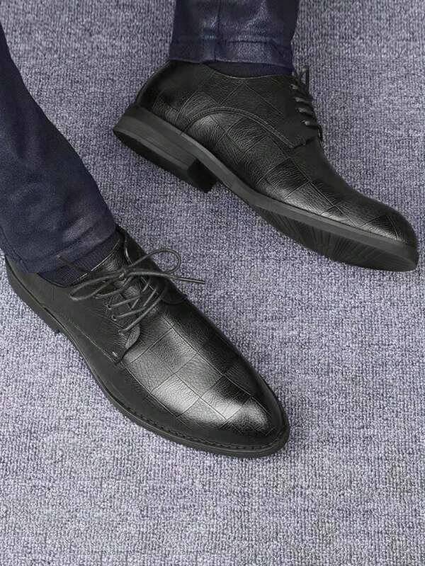 Men Plaid Embossed Laceup Front Dress Shoes, Work Black Oxford Shoes