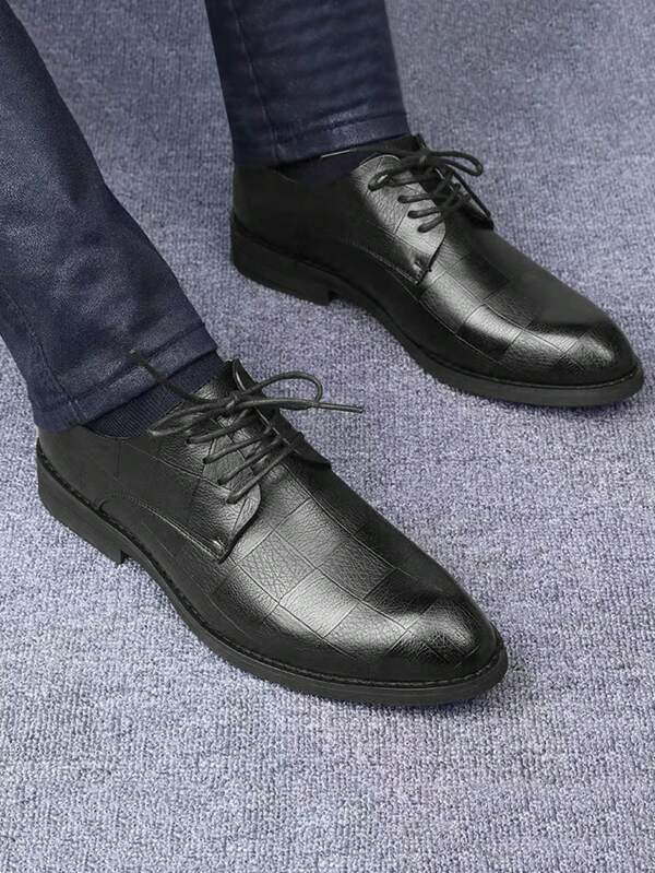 Men Plaid Embossed Laceup Front Dress Shoes, Work Black Oxford Shoes