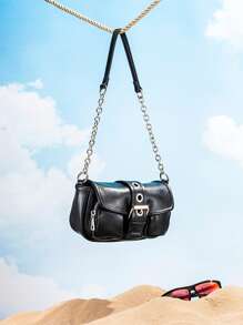 氣眼和搭扣裝飾方包翻蓋PU皮革黑色 - 黑色 - 查看 1