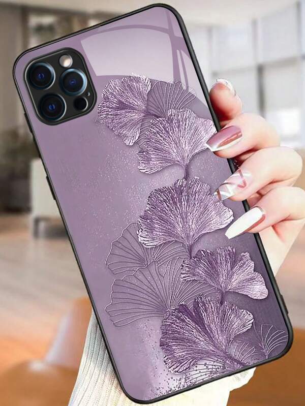 Purple Leaves Pattern HD Printed Glass Phone Case Compatible With IPhone/Samsung/Huawei/Xiaomi/OPPO/OnePlus/Infinix