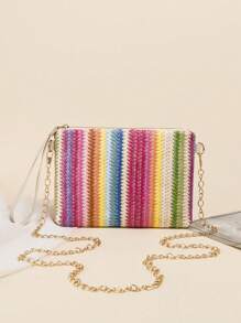 Mini Straw Bag Colour Block Chain Strap Vacation - Multicolor - View 1