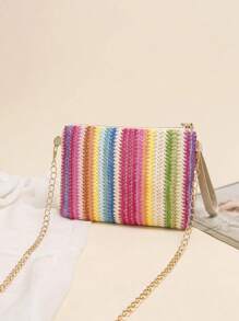 Mini Straw Bag Colour Block Chain Strap Vacation - Multicolor - View 2