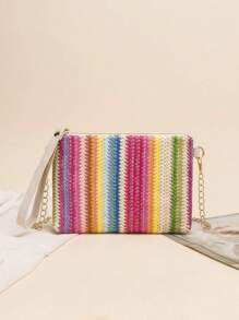 Mini Straw Bag Colour Block Chain Strap Vacation - Multicolor - View 5