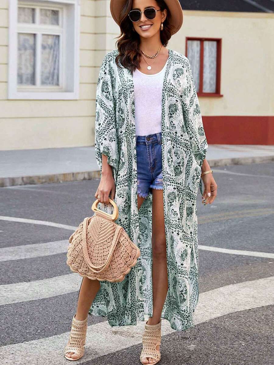 Paisley Print Open Front Longline Kimono - Green - View 1