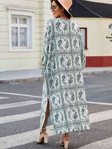 Paisley Print Open Front Longline Kimono - Green - View 2