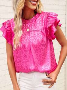 Leopard Jacquard Ruffle Trim Blouse - Pink - View 4