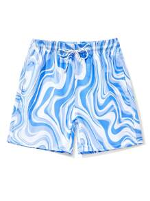 Manfinity Hombres Shorts de natación con estampado de mármol de cintura con cordón - Azul y blanco - Ver 1