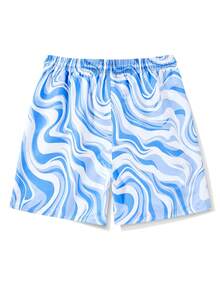 Manfinity Hombres Shorts de natación con estampado de mármol de cintura con cordón - Azul y blanco - Ver 2
