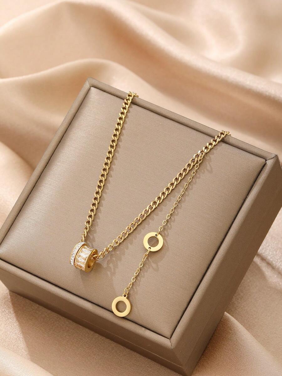 1入組時尚不銹鋼水鑽圓形吊墜項鏈適合女士適用於禮品 - 金黃色 - 查看 1