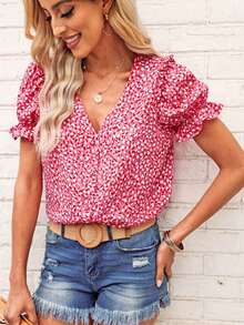 Allover Print Puff Sleeve Button Front Blouse - Pink - View 3