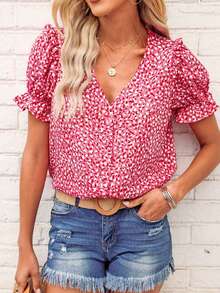 Allover Print Puff Sleeve Button Front Blouse - Pink - View 4