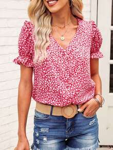 Allover Print Puff Sleeve Button Front Blouse - Pink - View 5