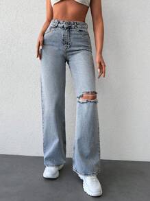 Cottnline High Waist Ripped Straight Leg Jeans - Light Wash - View 1