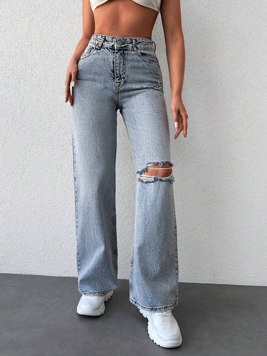 Cottnline High Waist Ripped Straight Leg Jeans - Light Wash - View 1