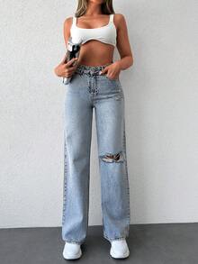 Cottnline High Waist Ripped Straight Leg Jeans - Light Wash - View 3