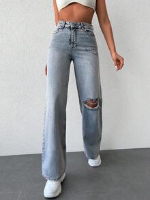 Cottnline High Waist Ripped Straight Leg Jeans - Light Wash - View 4