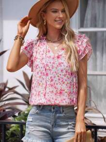 Allover Floral Print Ruffle Trim Blouse - Multicolor - View 1