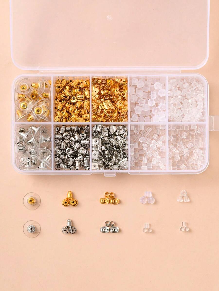1 hộp 740 chiếc 10 kiểu Đai ốc tai bằng đồng thau & sắt & nhựa Bullet & Ly hợp & Ma sát Đai ốc tai Màu hỗn hợp Kim loại thời trang Bông tai DIY Nút chặn phía sau cho phụ nữ để làm đồ trang sức tự làm - Nhiều màu - Xem 1