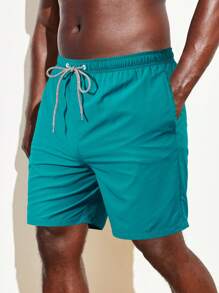Manfinity Swimmode Men Drawstring Waist Slant Pocket Swim Trunks - Dark Green - View 1