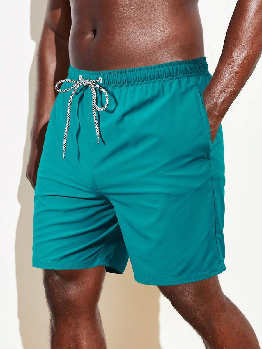 Manfinity Swimmode Men Drawstring Waist Slant Pocket Swim Trunks - Dark Green - View 1