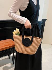 Two Tone Straw Bag Vacation No-closure - Khaki - View 2